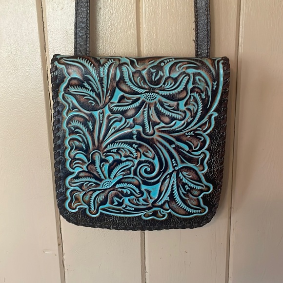 Patricia Nash Granada Tooled Leather Crossbody Antique Brown Turquoise - Picture 3 of 8